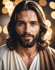 Close-up portrait of a man with long brown hair and beard, wearing a light-colored robe, set against a bokeh background