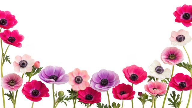  colorful anemone flowers isolated on transparent background