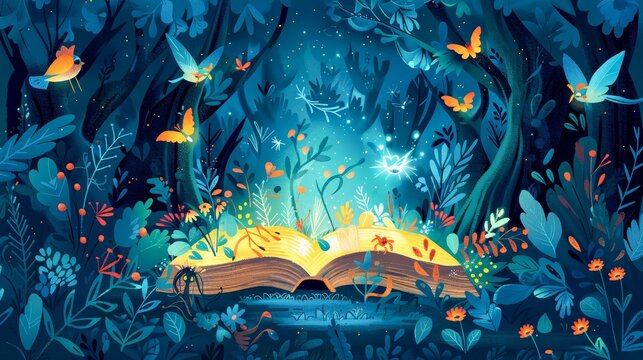 A whimsical folk tale illustration for World Storytelling Day featuring an enchanted forest mythical creatures and a glowing book at the center Fantasy artistic highquality stock