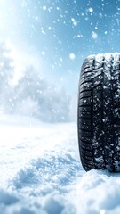 A snow-covered winter tire sits in a snowy landscape, with falling snow and bright sunlight in the background