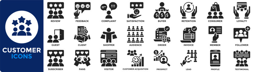 Customer icon collection set. Containing client, buyer, consumer, shopper, audience, visitor icon. Simple glyph vector illustration.