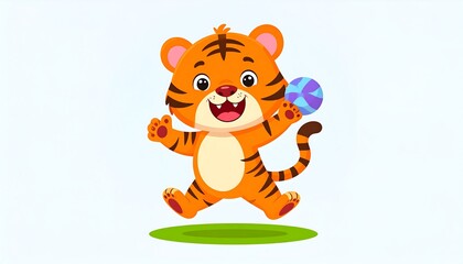 Cute cartoon tiger jumping with ball
