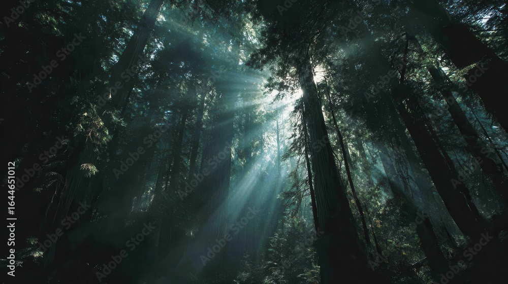 Poster sunlight filtering through a dense forest.