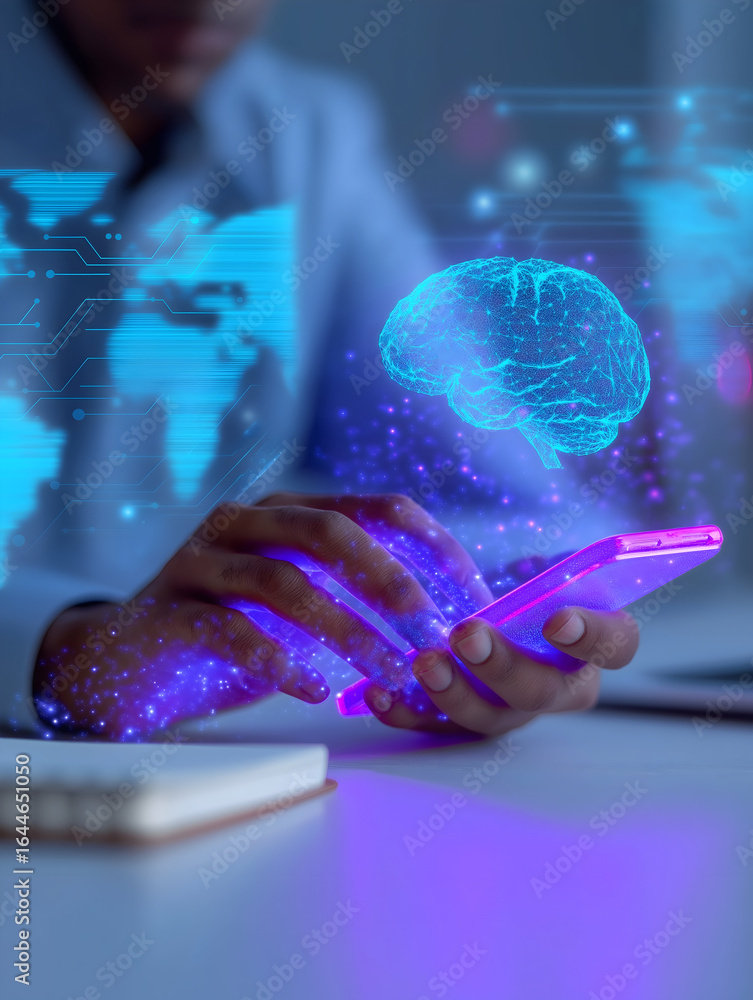 Poster a person interacts with a smartphone, while a digital brain and data visualization are projected, sy