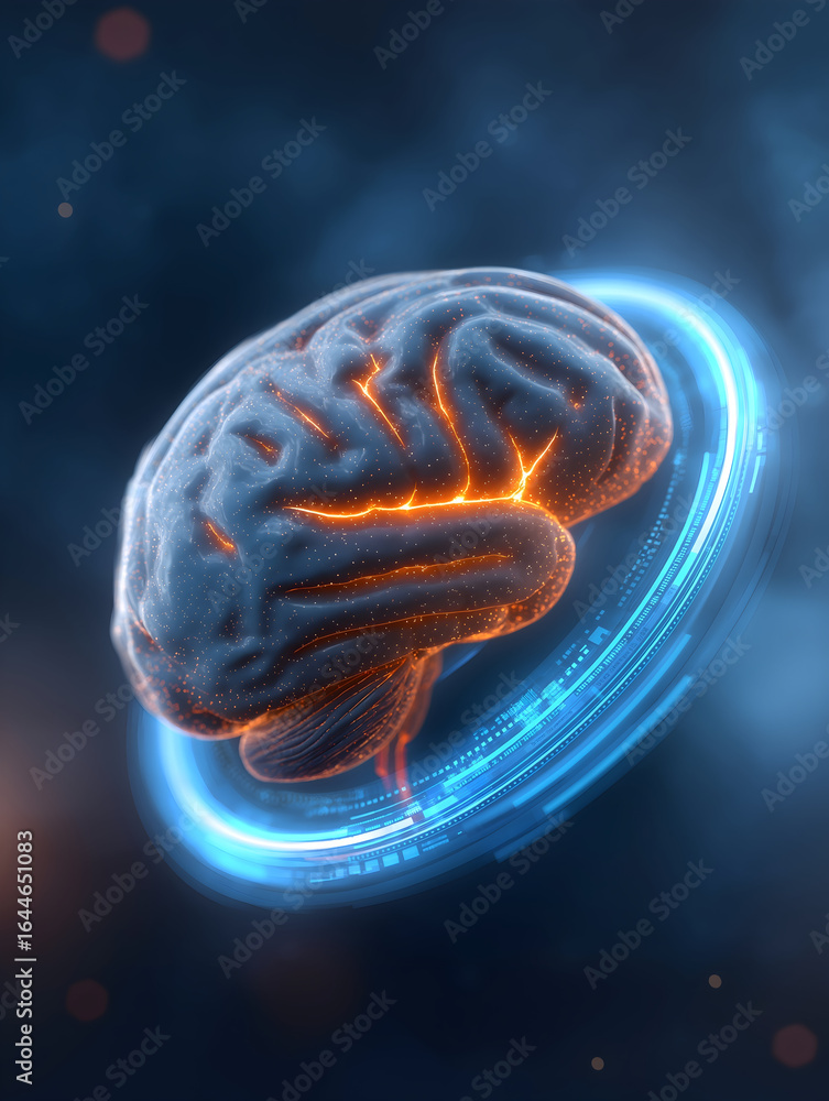 Poster a glowing brain surrounded by a circular digital interface, symbolizing advanced technology and cogn