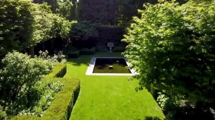 Aerial view of a garden with pond, hedges, trees and stone planters on sunny day - Powered by Adobe