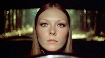 portrait woman driver car night forest emotion eyes beauty hair light stillness expression focus journey reflection vehicle nature cinematic vintage aesthetics innocence serenity atmosphere