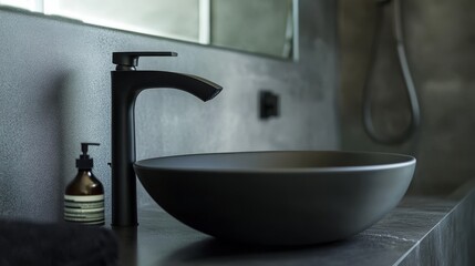 Fototapeta premium 38.High-end bathroom detail featuring a stylish black matte tub faucet, soft reflections on smooth surfaces, sophisticated interior