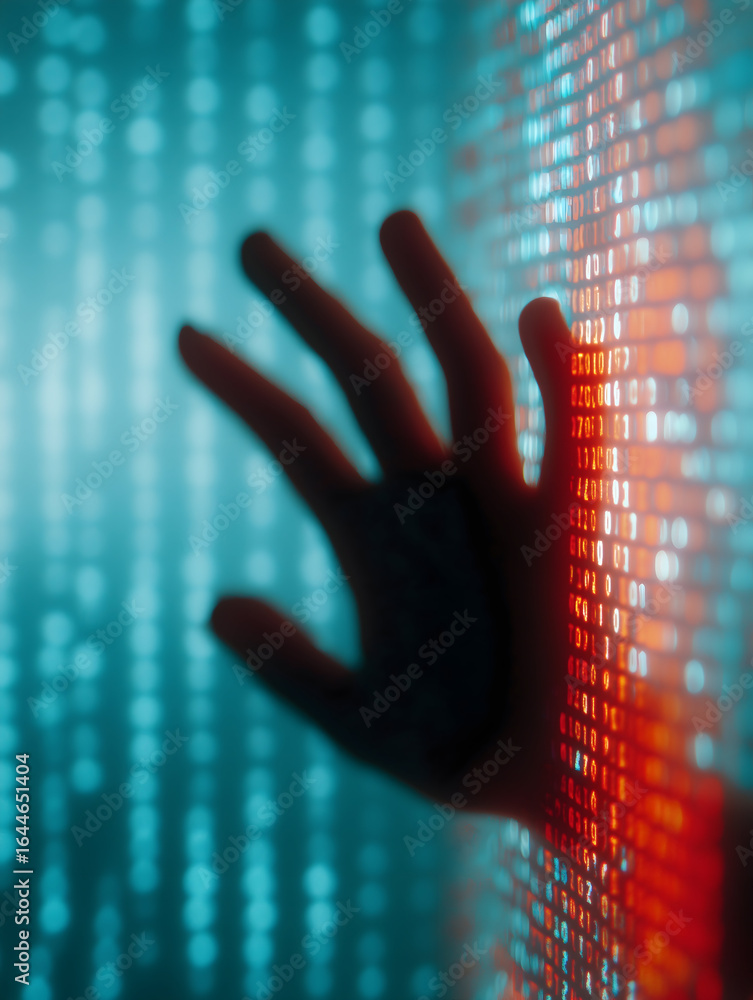 Poster a digital hand reaches out towards a glowing binary code background, symbolizing the intersection of