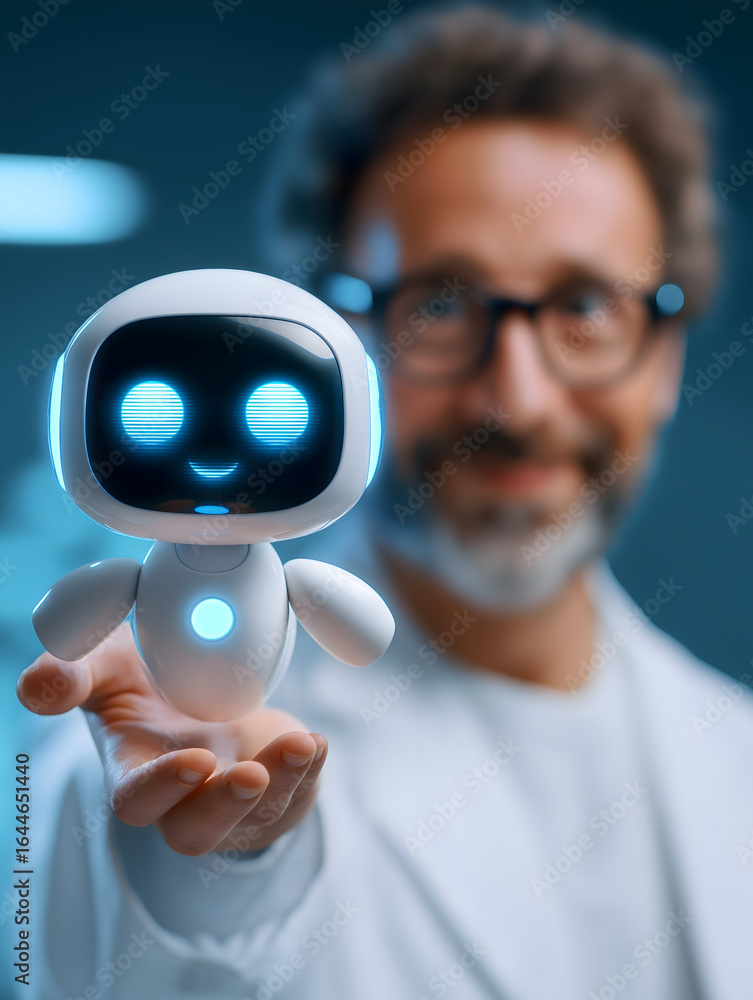 Poster a smiling robot held by a scientist in a lab, showcasing the fusion of technology and human interact