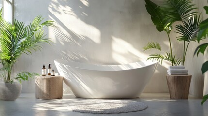 42.Elegant bathroom with a sleek white tub, modern round side table holding skincare essentials, and sunlight filtering through tropical plants