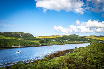 loch harport, sailing boat, fjord, mountains, isle of skye, skye, hebrides, highlands, scotland, uk 