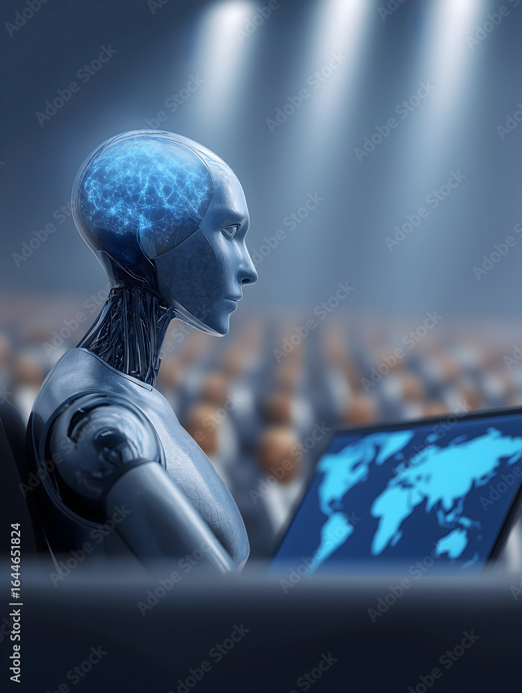 Poster a futuristic humanoid robot with a glowing brain engages with a digital map on a screen, set against