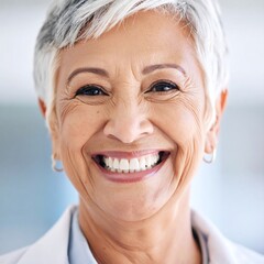 Close-up portrait of a smiling mature woman with short gray hair, wearing a white coat