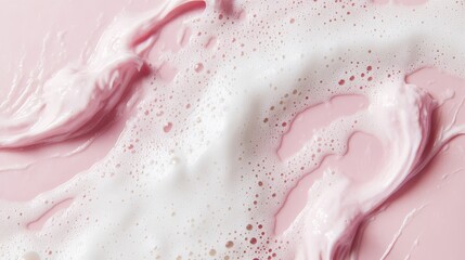 Fototapeta premium 68.Gentle foam swirls from a facial cleanser, soft white bubbles contrasting against a smooth pink background, minimalist beauty composition