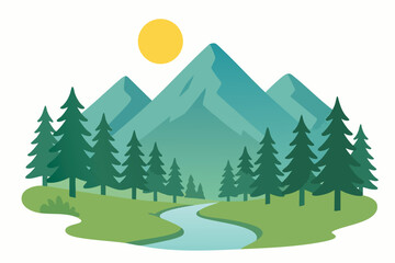 Fototapeta premium Scenic Mountain Landscape with Pine Trees and River.