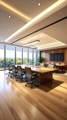 Modern boardroom with large windows, wood floors, and a long conference table
