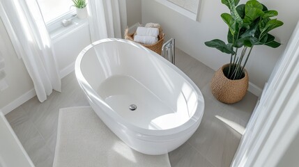 8.Top-down perspective of an elegant freestanding tub, pristine and inviting, placed in a bright, spacious bathroom