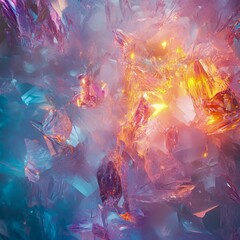 Obraz premium Abstract mosaic of glowing crystal shards soft mist and smooth liquid textures intricate and surreal