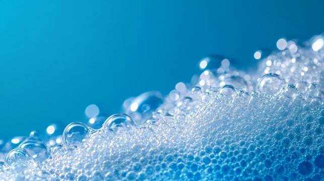 65.Iridescent soap bubbles clustering along the edge of a smooth blue surface, intricate foam details capturing a refreshing and pure look - Powered by Adobe