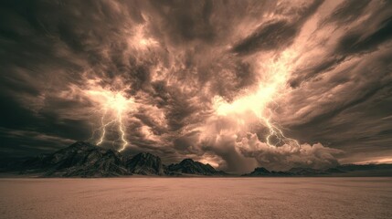 Dramatic lightning storm over a desolate desert landscape.