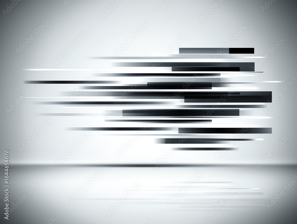 Poster abstract digital art featuring horizontal black and gray bars with motion blur on a light gray gradi