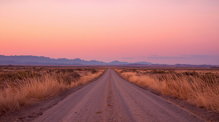 The scene features a serene desert landscape with a straight dirt road, golden dry grass, and warm pastel colors, with distant mountain ranges and a soft blue sky.