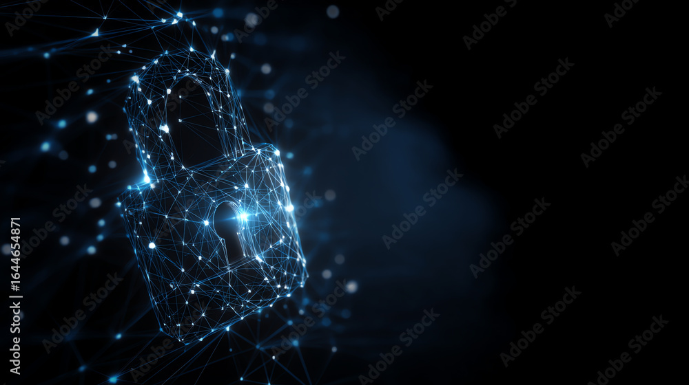 Poster digital padlock made of glowing interconnected nodes and lines, symbolizing cybersecurity and data p