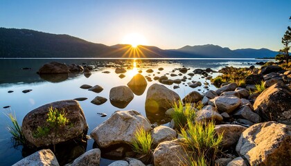 Picturesque lake tahoe sunrise illuminating the tranquil water and rocky shore