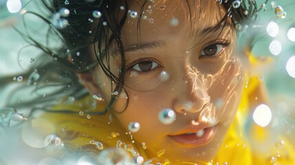Submerged beauty, serene face amidst underwater bubbles and shimmering light
