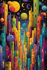 Naklejka premium Vibrant, stylized cityscape with cosmic elements