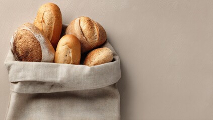 A light beige fabric sack overflowing with six artisan loaves of crusty bread against a muted beige background