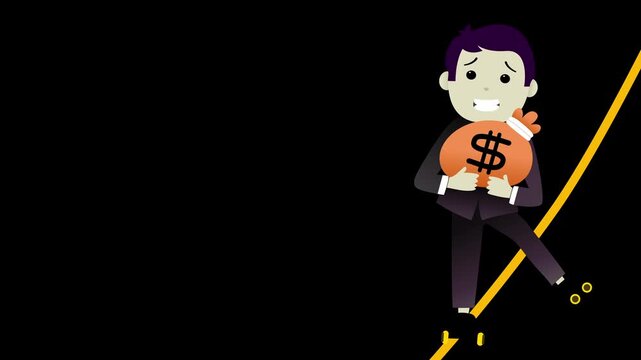 A cartoon illustration of a young employee on roller skates balancing a bag of money, symbolizing skill in financial risk management and business responsibility.