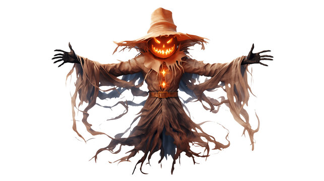 Spooky Halloween scarecrow character with glowing pumpkin head, eerie attire, and outstretched arms for a chilling festive design