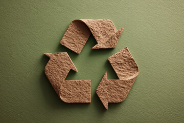 Recycling symbol made from textured brown paper on a green background, emphasizing eco-friendly practices and sustainability with a natural, earthy aesthetic