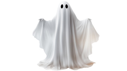 Friendly Halloween ghost with a sheet costume spreads arms ready for spooky fun, perfect for holiday advertising and designs
