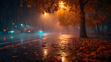 Naklejka premium Nighttime autumn rain with colorful street lights reflecting on wet leaves and pavement. The scene blends raindrops, mist, and city patterns, creating a modern, vibrant atmosphere.