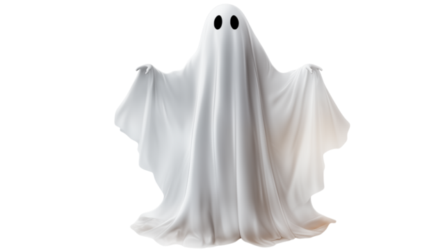 Friendly Halloween ghost with a sheet costume spreads arms ready for spooky fun, perfect for holiday advertising and designs