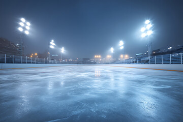 Empty outdoor ice rink illuminated by bright floodlights on a cold, foggy evening with city lights visible in the background