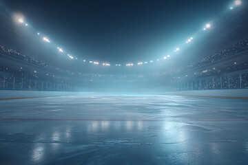 Empty indoor ice hockey rink illuminated with bright overhead lights and distant audience seating visible through glass barriers