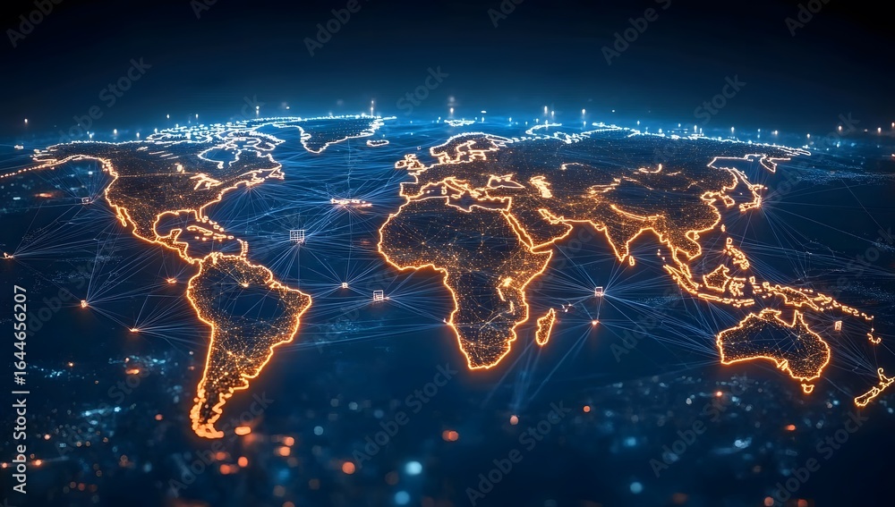 Poster a digital map of the world with blue glowing connections between cities, representing global connect