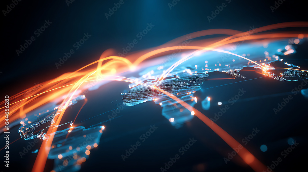 Poster digital representation of a global network with illuminated continents connected by glowing arcs sym