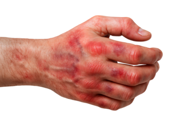 Close-up of a male hand showing signs of bruising and redness after injury.
