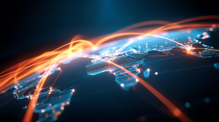 Digital representation of a global network with illuminated continents connected by glowing arcs symbolizing data transfer and communication across the world