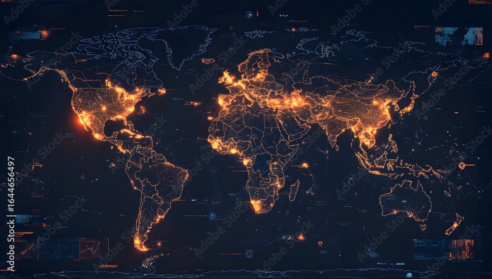 Poster a digital map of the world with blue glowing connections between cities, representing global connect