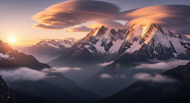 sunset in the mountains,Majestic mountain range at sunrise, snow-capped peaks glowing golden pink, misty valleys below, dramatic clouds, pristine wilderness, cinematic landscape photography, 8K ultra- - Powered by Adobe