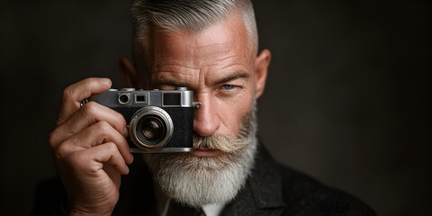 Silver haired senior man with beard holds an old camera to his eye in front of a dark background.