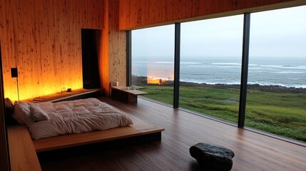 A spacious bedroom with panoramic ocean views.