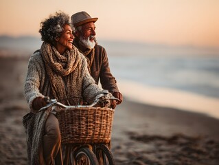 A cheerful senior couple enjoys a romantic bike ride on the beach du a beautiful golden sunset evening.