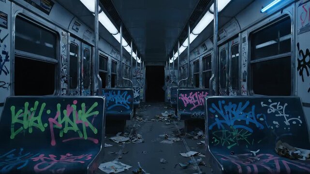 Eerie Abandoned Subway Car with Graffiti and Debris Captures Urban Decay and Gritty Atmosphere